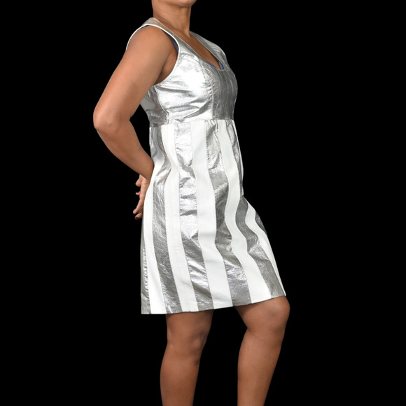 Vintage Leather Dress Silver Metallic White Striped Sheath Pencil Straight Large - Picture 3 of 15